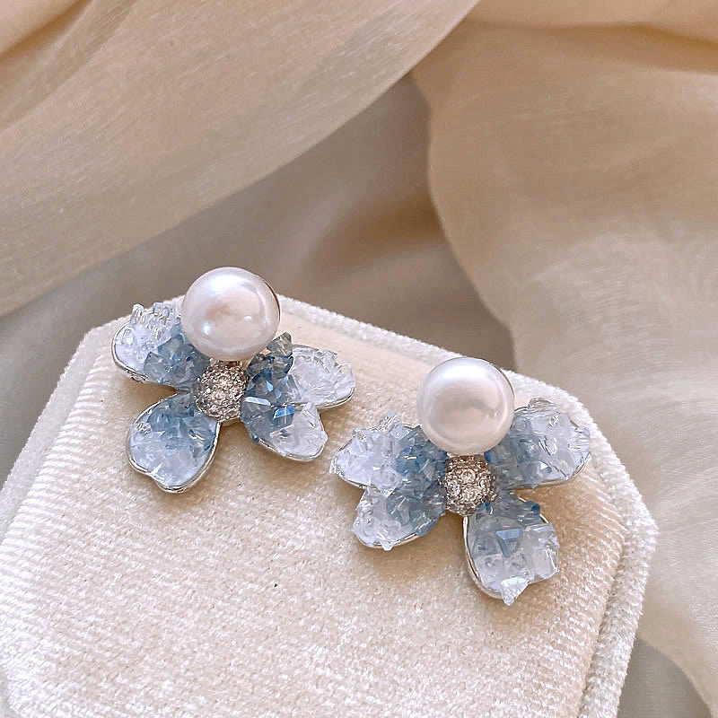 Women's Cream Blue Crystal Flower Pearl Light Rings