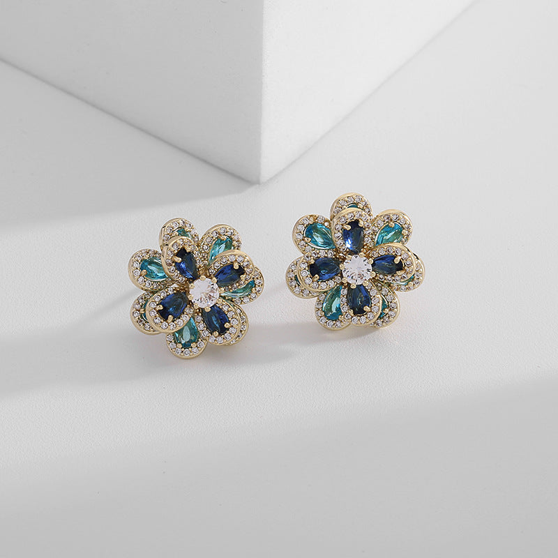 Women's Sier Pin Elegant Color Zircon Flower Earrings