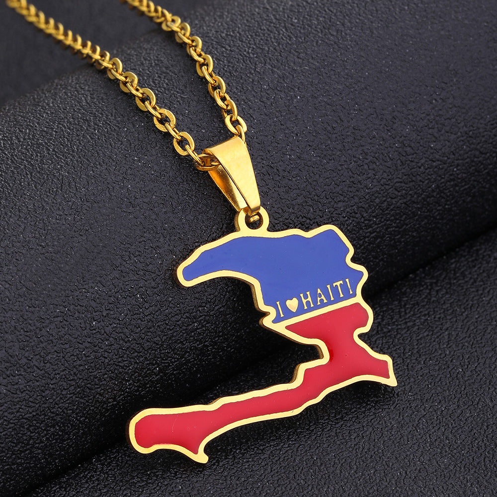 Women's & Men's Fashion Stainless Steel Drop Oil Haitian Map Geometric Necklaces