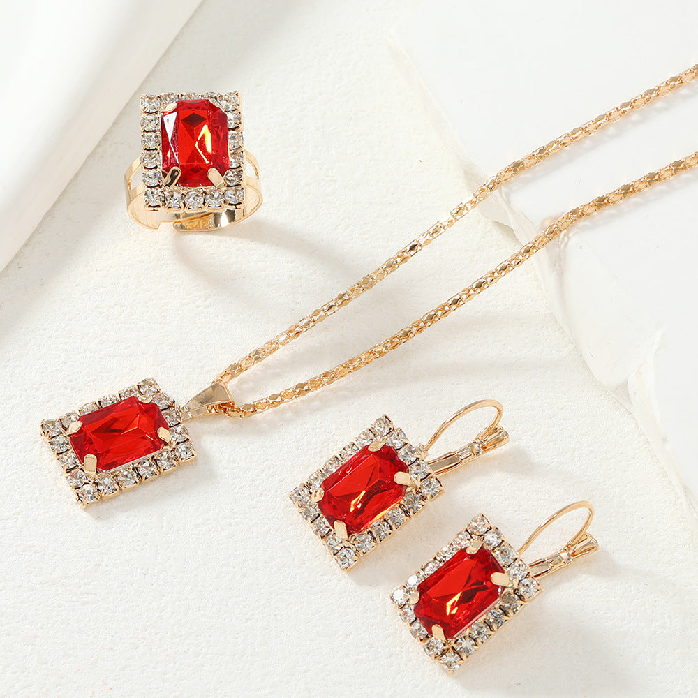 Rose Red Lake Blue Three-piece Rhinestone Necklaces