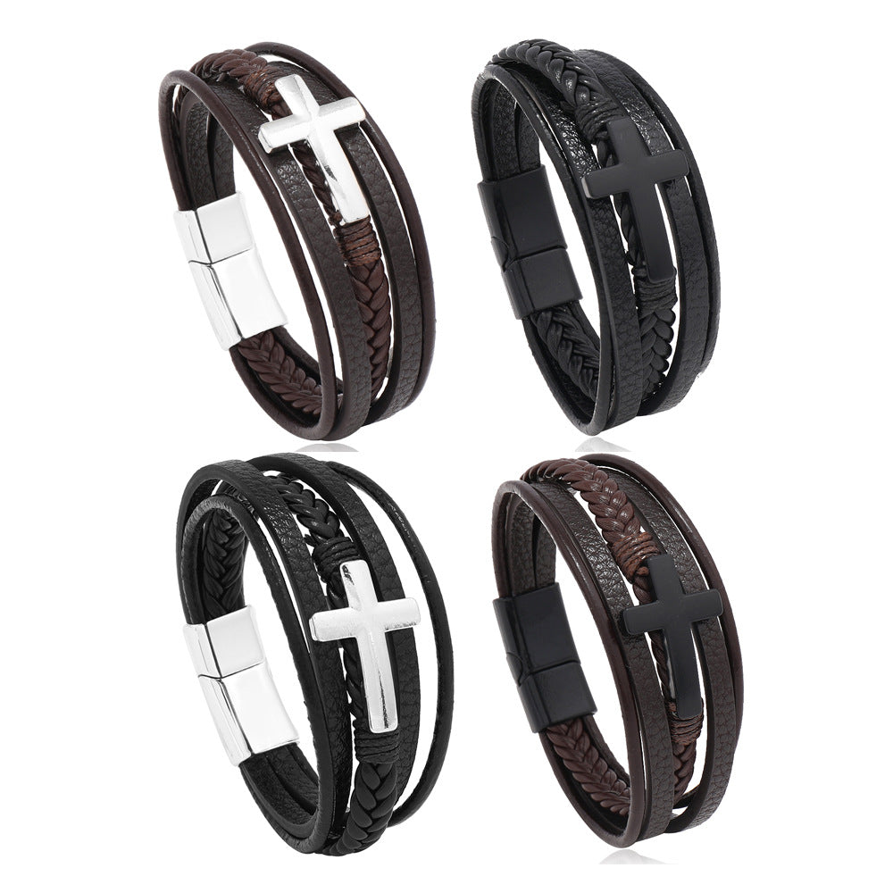 Men's Writing Woven Handmade Leather Magnetic Snap Bracelets