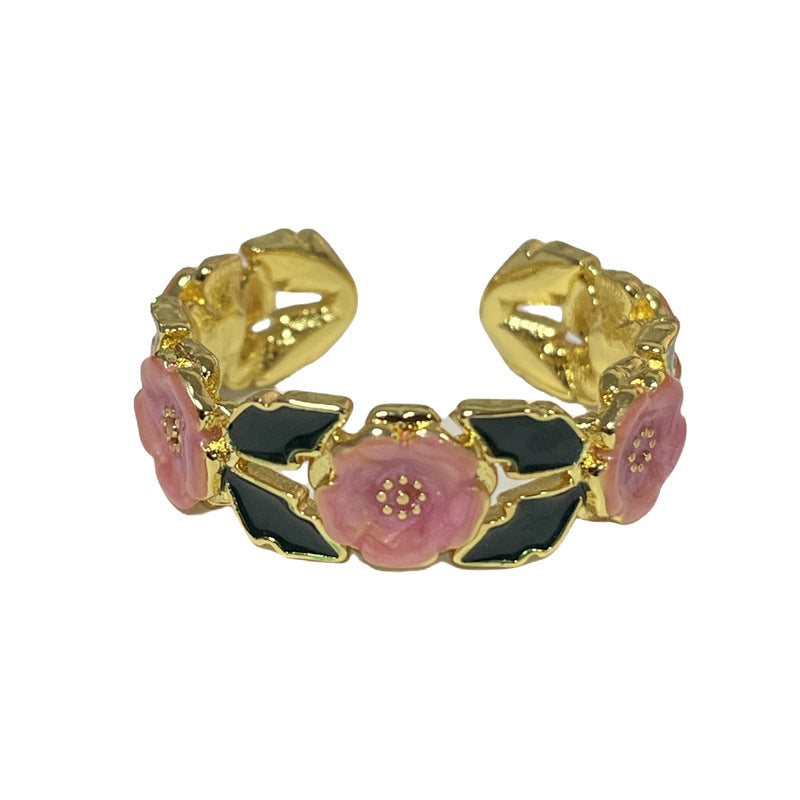 Enamel Rose Flower Drip Glazed Open Rings