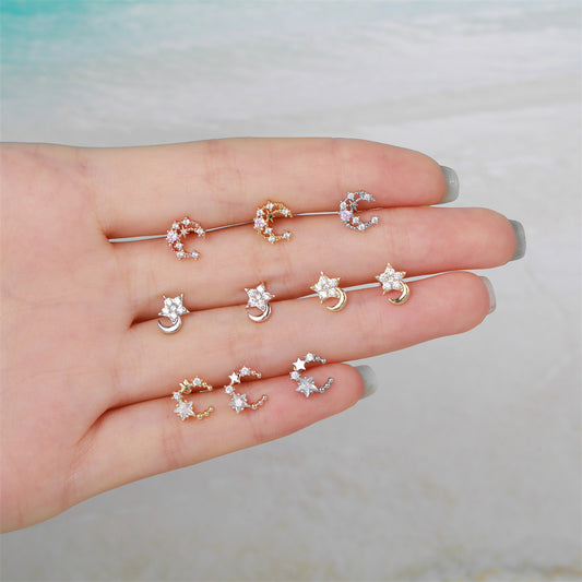 Trendy Star Moon Ear Bone Gold Earrings