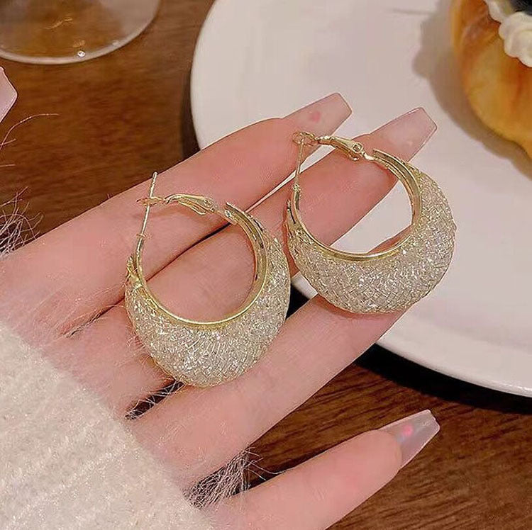 Metal Hollow Mesh Crystal Hoop High-grade Fashionable Earrings