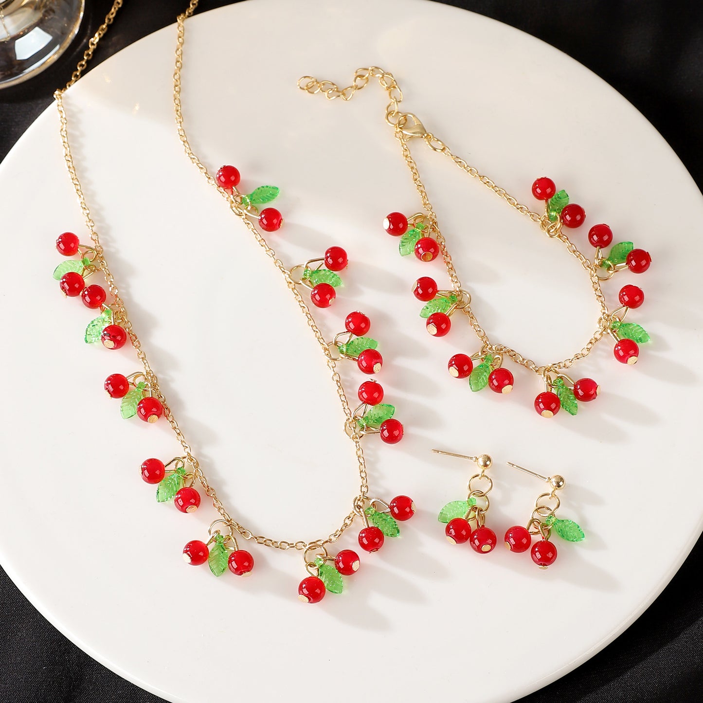Cherry Strawberry Leaf Three-piece Sweet Elegance Jewelry Set