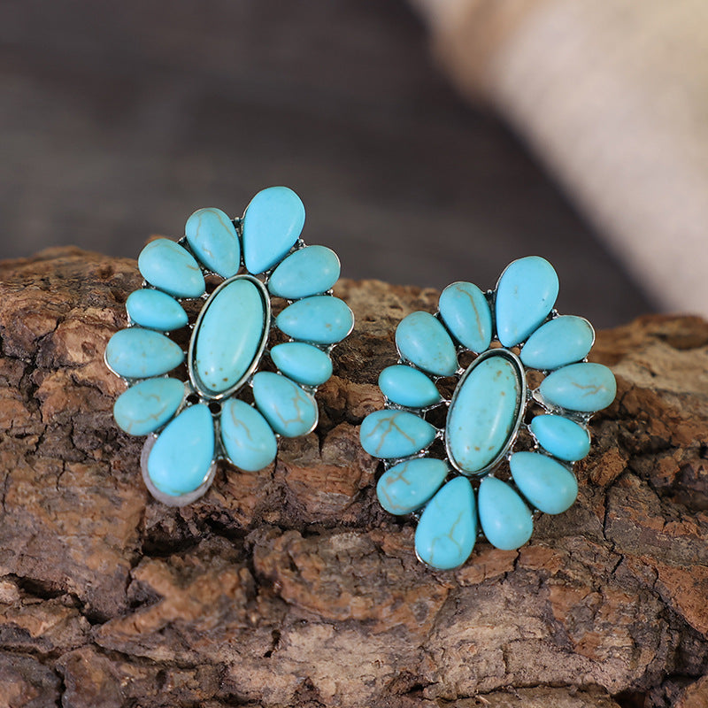 Alloy Turquoise Painting Oil Geometric Flower Earrings