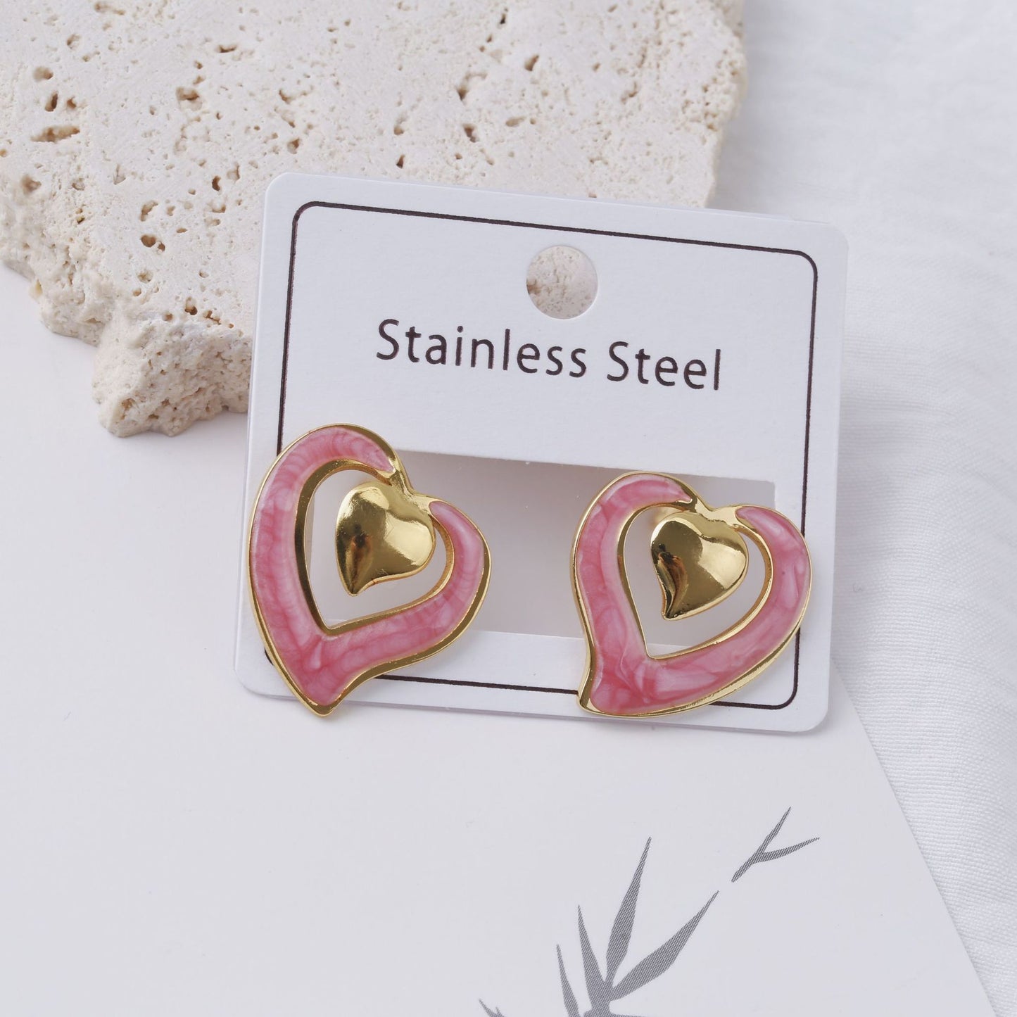 Stainless Steel Color Texture Dripping Oil Love Heart Earrings