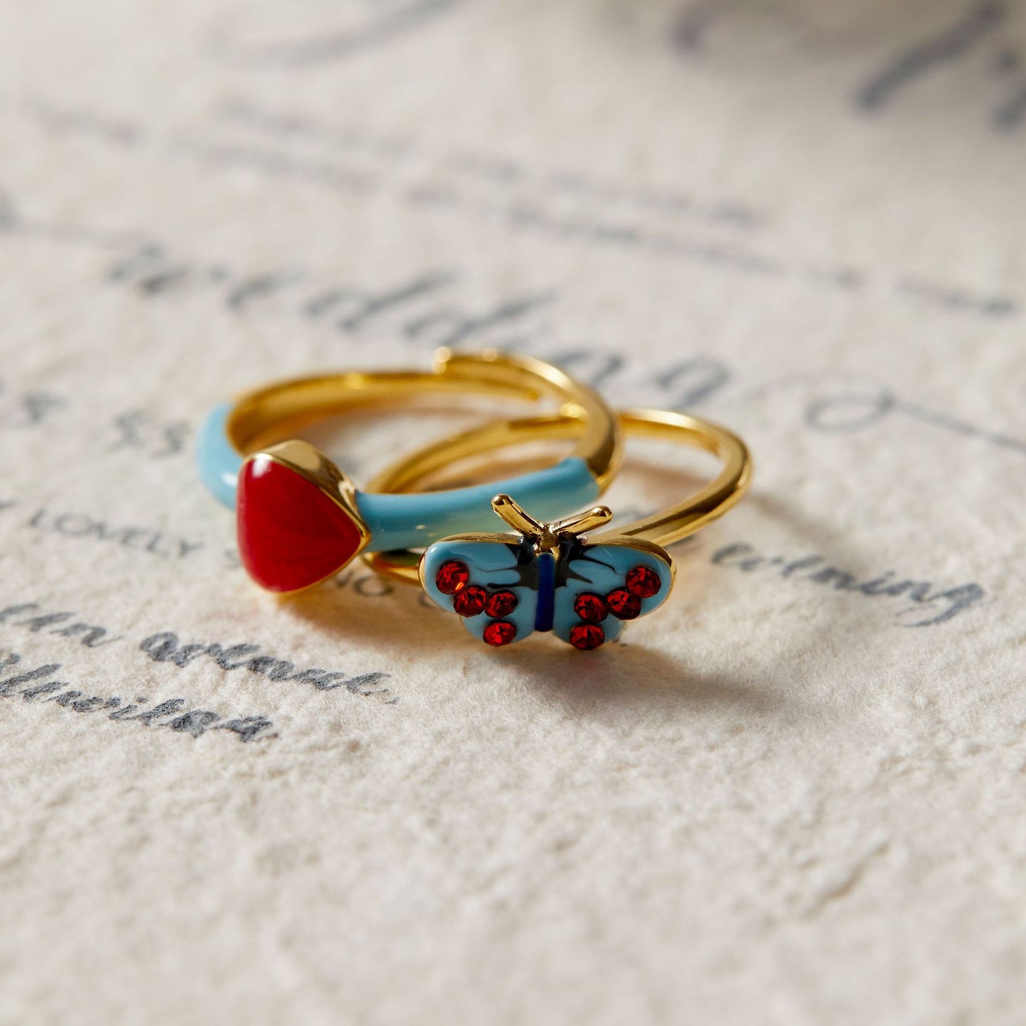 French Retro Blue Red Loving Heart Rings