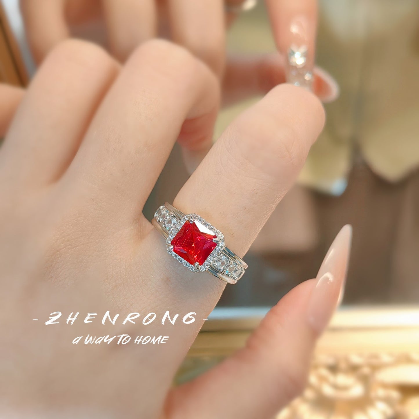 Women's Princess Square Diamond Simulation Ruby Retro Rings