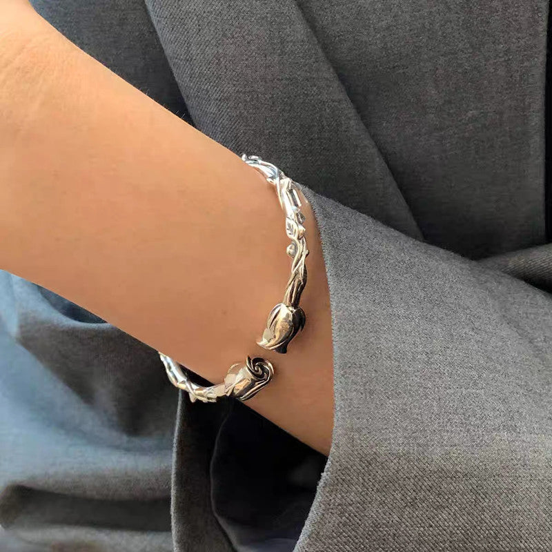 Broadcast Sier High Sense Retro With Opening Thorn Rose Design Bracelets
