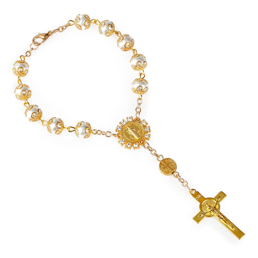 Gold Sier Color Lace Artificial Glass Pearl Rosary Cross Bracelets