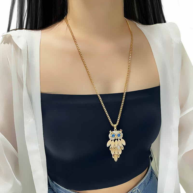 Creativity Design Diamond Long Sweater Chain Owl Necklace
