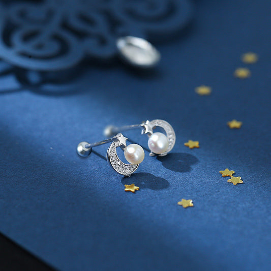 Women's Sterling Sier Small Star Moon Ear Simple Stud Earrings