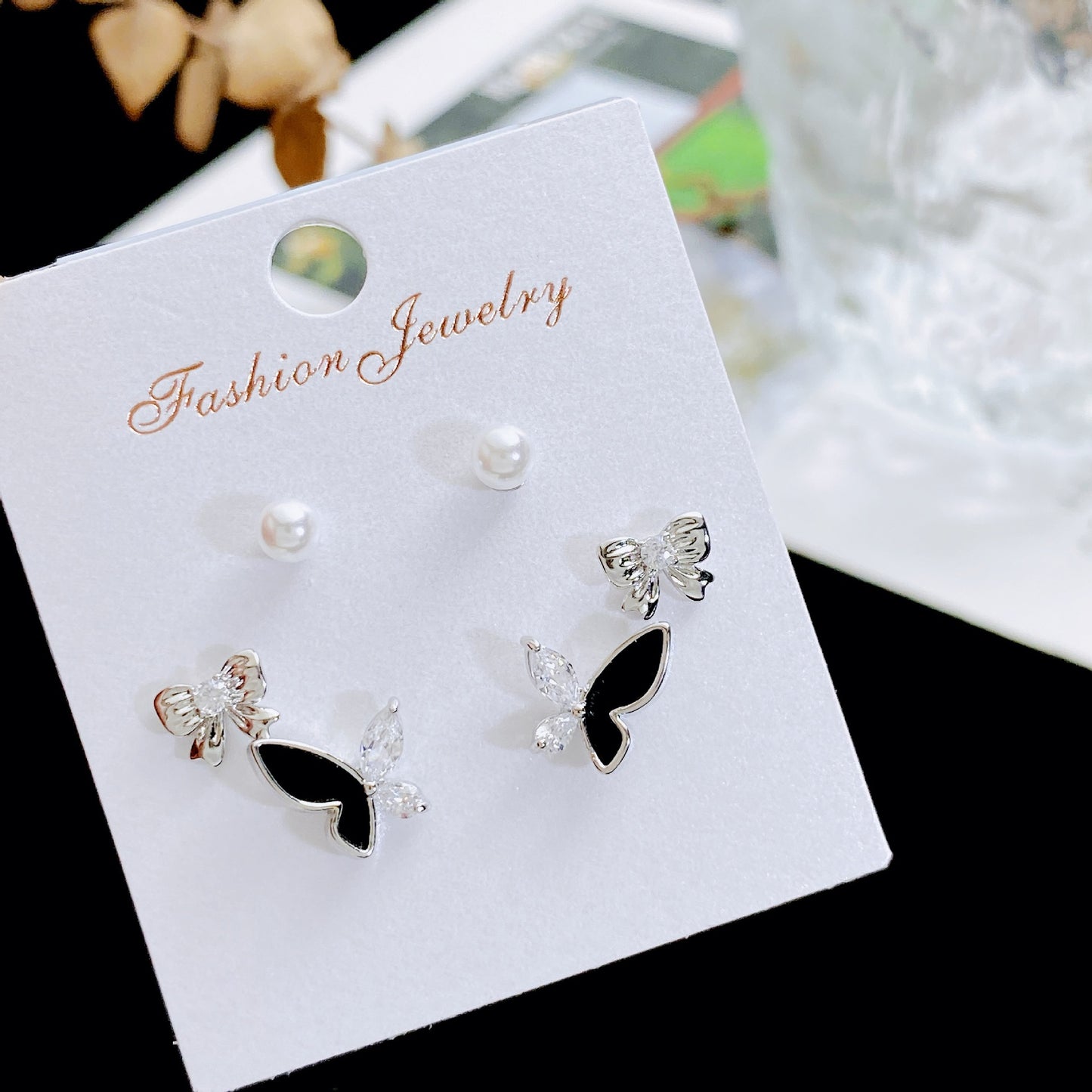 Women's Rhinestone Pearl Three Pairs Storage Ear Earrings