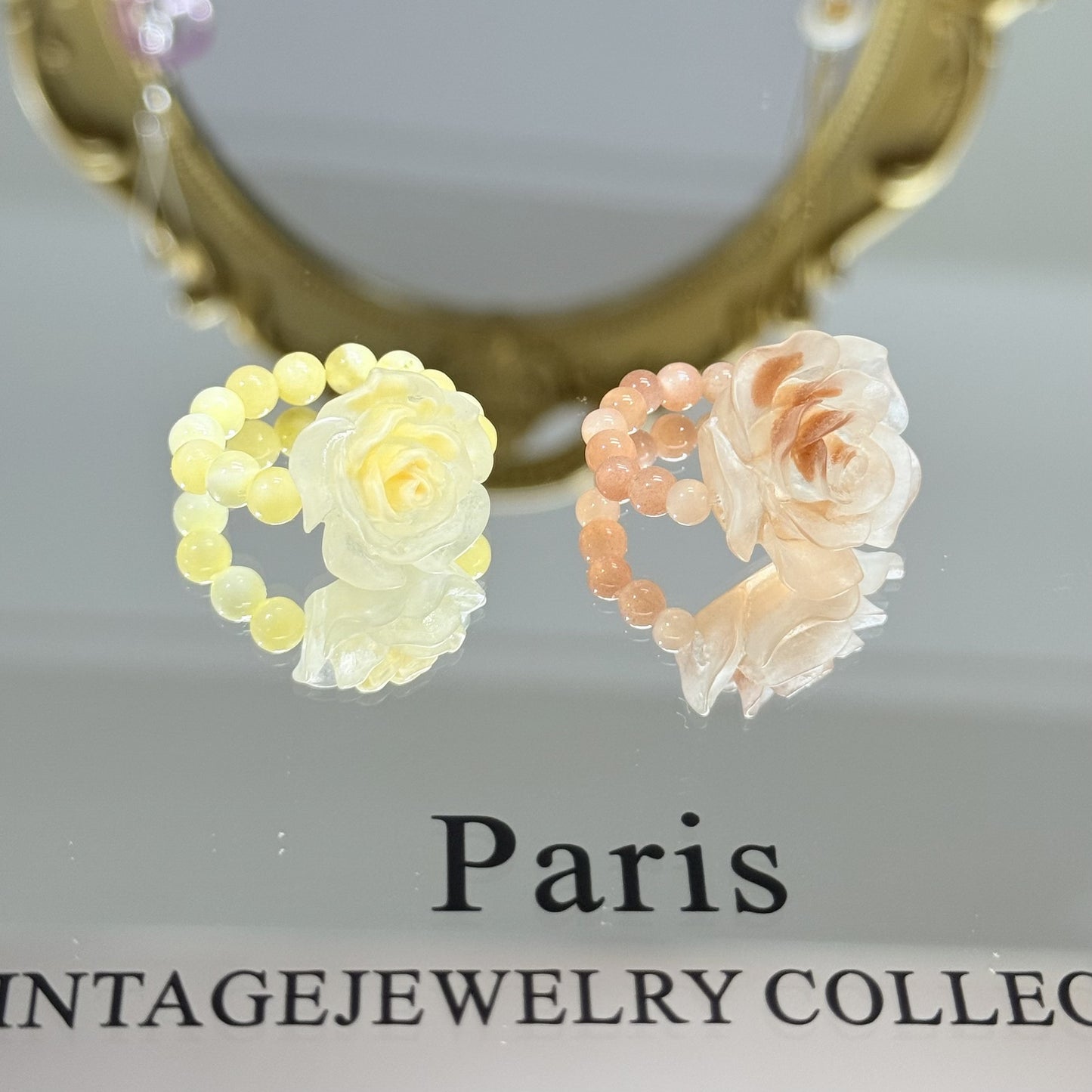 Orange Moonlight Resin Camellia Handmade Beaded Crystal Elastic String Exquisite Ring