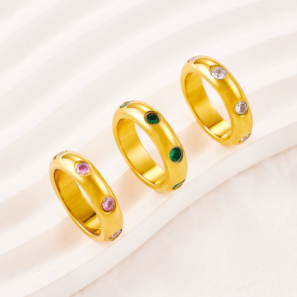 Stainless Steel Diamond Arc Vintage Emerald Inlaid Rings