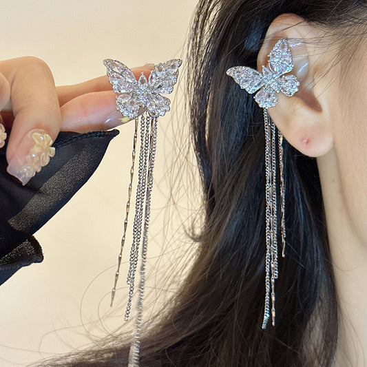 Long Butterfly Tassel Ear Clip Without Pierced Female High Rings