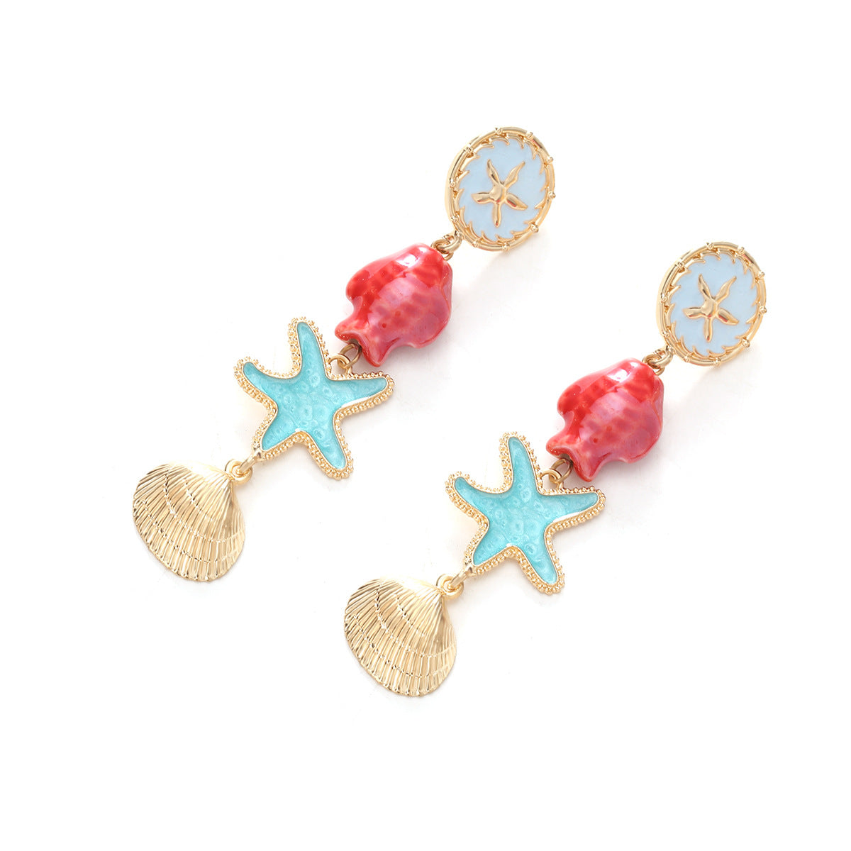 Style Macaron Starfish Fish Shell Patch Exaggerated Layered Earrings