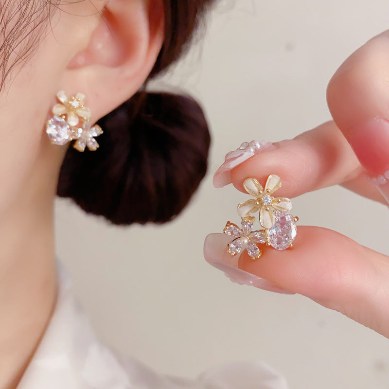 Simple Zircon Petals Oval Exquisite Light Luxury Small Versatile High Earrings