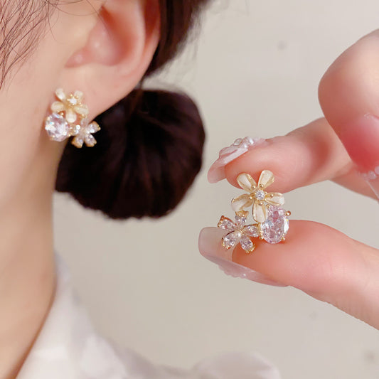 Simple Zircon Petals Oval Exquisite Light Luxury Small Versatile High Earrings