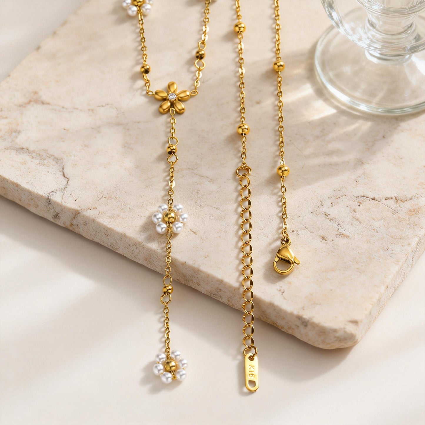 Women's Stainless Steel Flower Pearl Y-shaped Gold Clavicle Chain Necklace