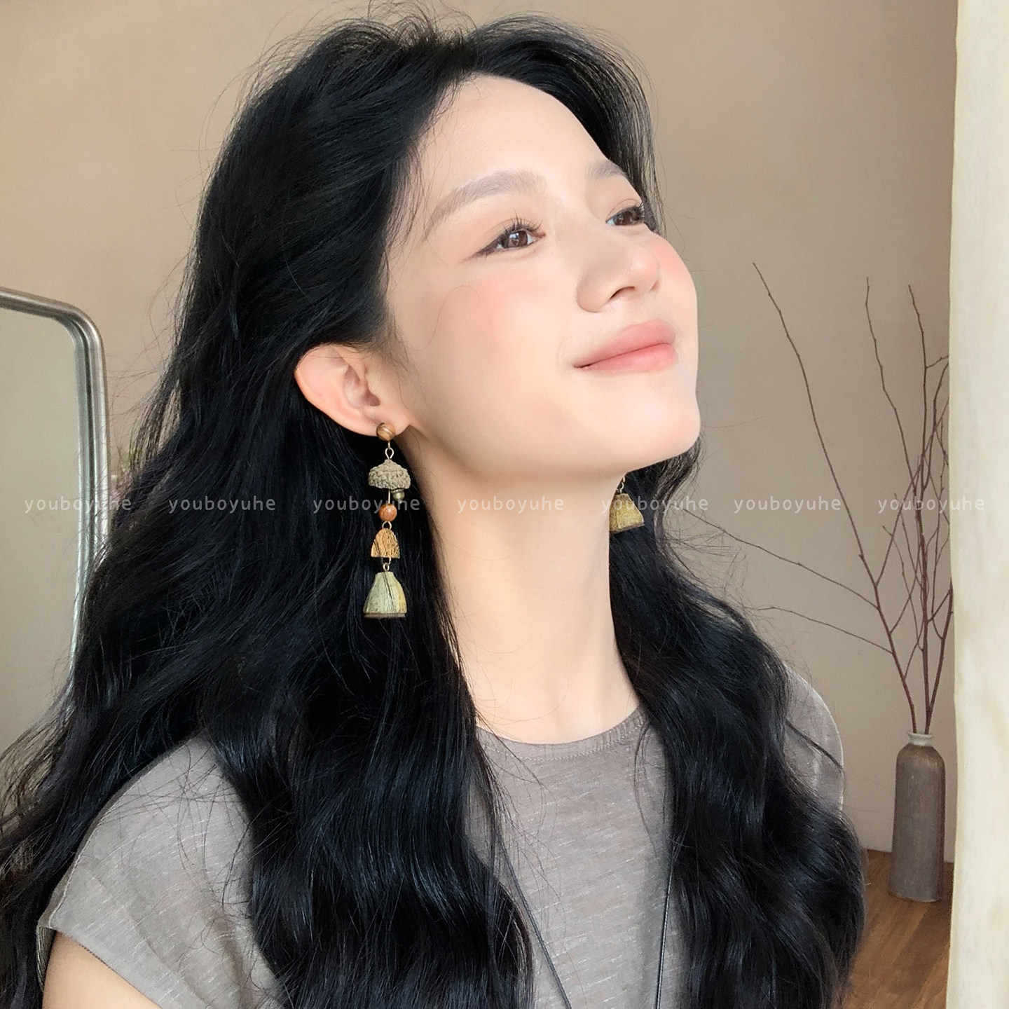 Vintage Mori Style Eucalyptus Fruit Long Design Unique Stud Earrings
