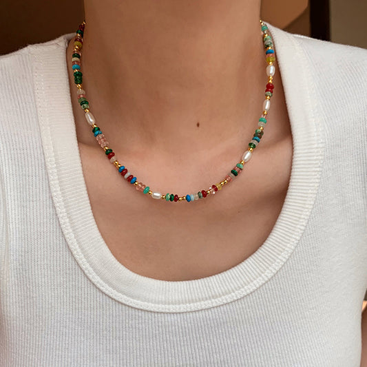 Women's Rice Grain Fresh Water Colorful Pearl Colored Glaze Necklaces