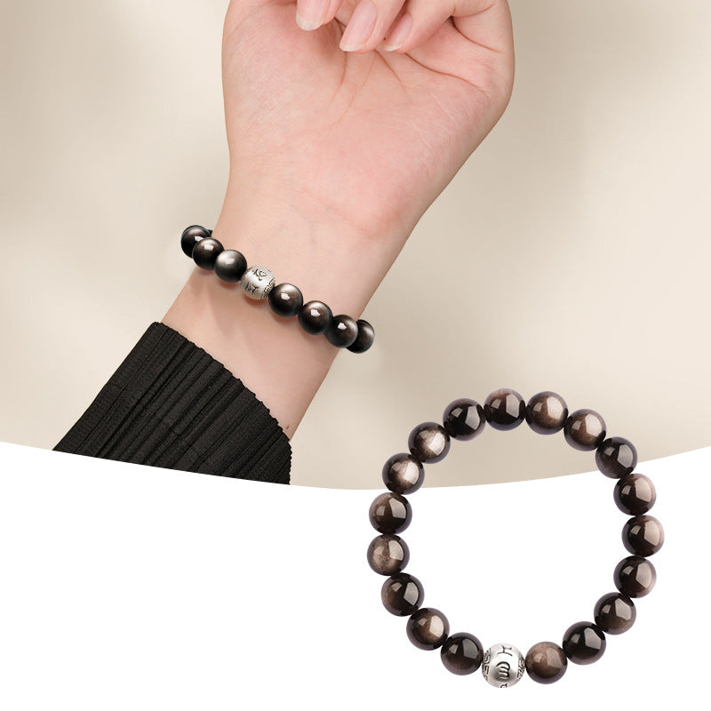 Men's Natural Obsidian Female Sier Sterling Mantra Buddha Beads Bracelets