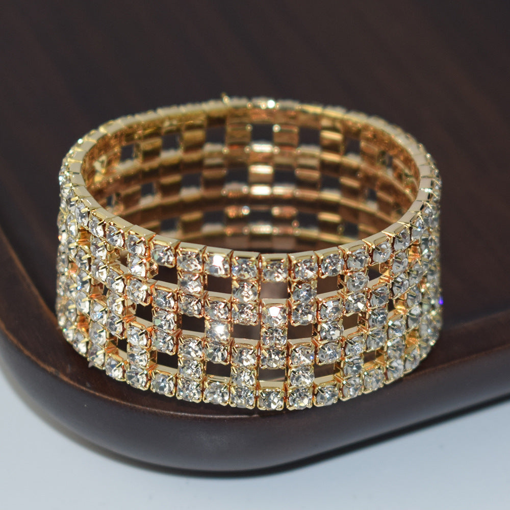 Elastic Hollow Rubber Band Full Rhinestone Exaggerated Wide Bangle Bracelets