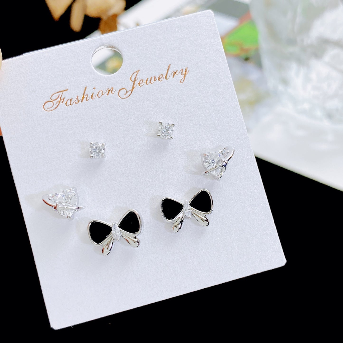 Women's Rhinestone Pearl Three Pairs Storage Ear Earrings