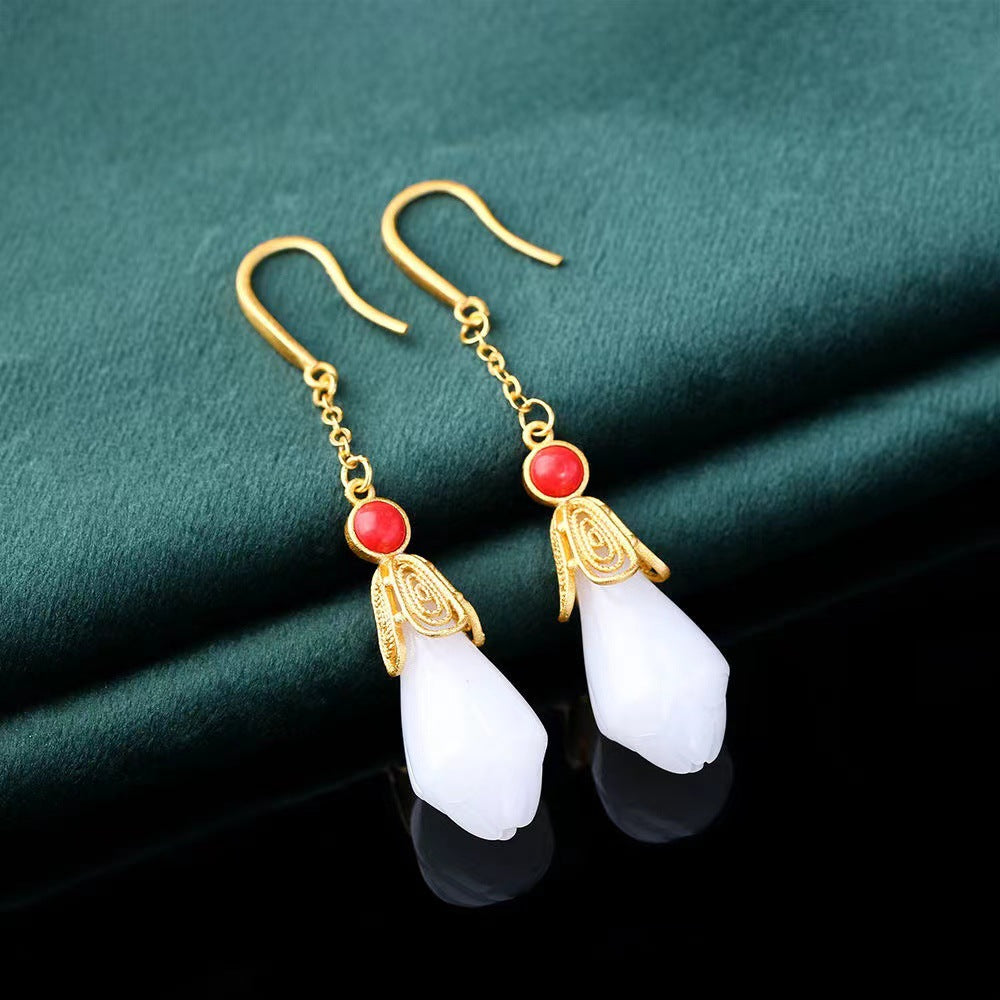 Imitation Jade Epoxy Magnolia National Style Earrings