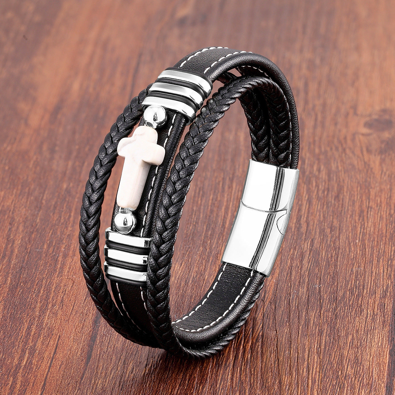 Men's Woven Leather Vintage Stone Cross Stainless Steel Bracelet