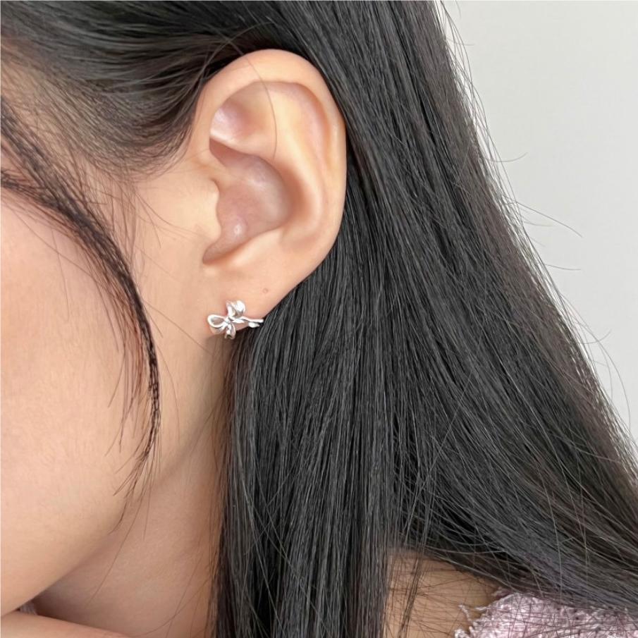 Women's Korean Style Sterling Sier Bow Simple Earrings