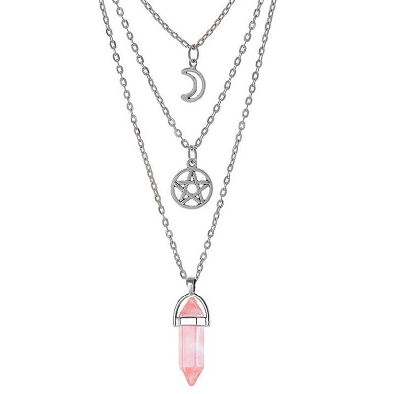 Women's Hexagon Prism Agate Hollow Moon Five-pointed Necklaces