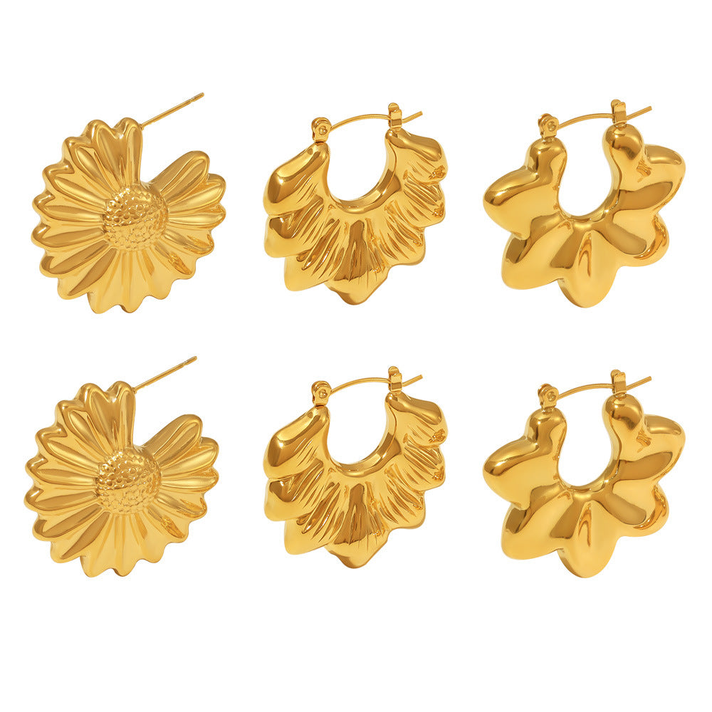 Titanium Steel Gold-plated Pleated Wave Chrysanthemum Earrings