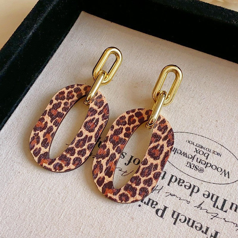 Sier Needle Simple Leopard Print Geometric Earrings