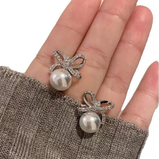 Full Diamond Bow Pearl Female High Sense Earrings