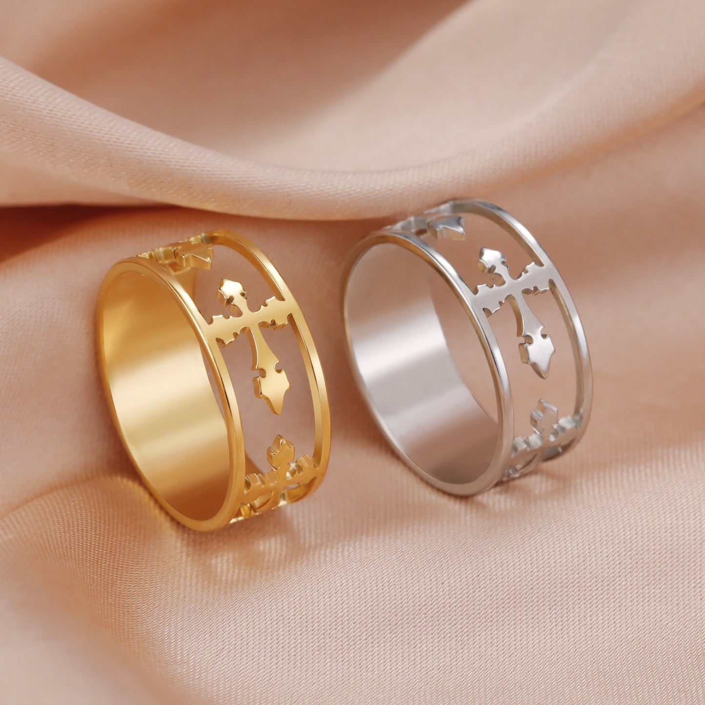 Couple Titanium Steel Cut Half Hollow Cross Ring