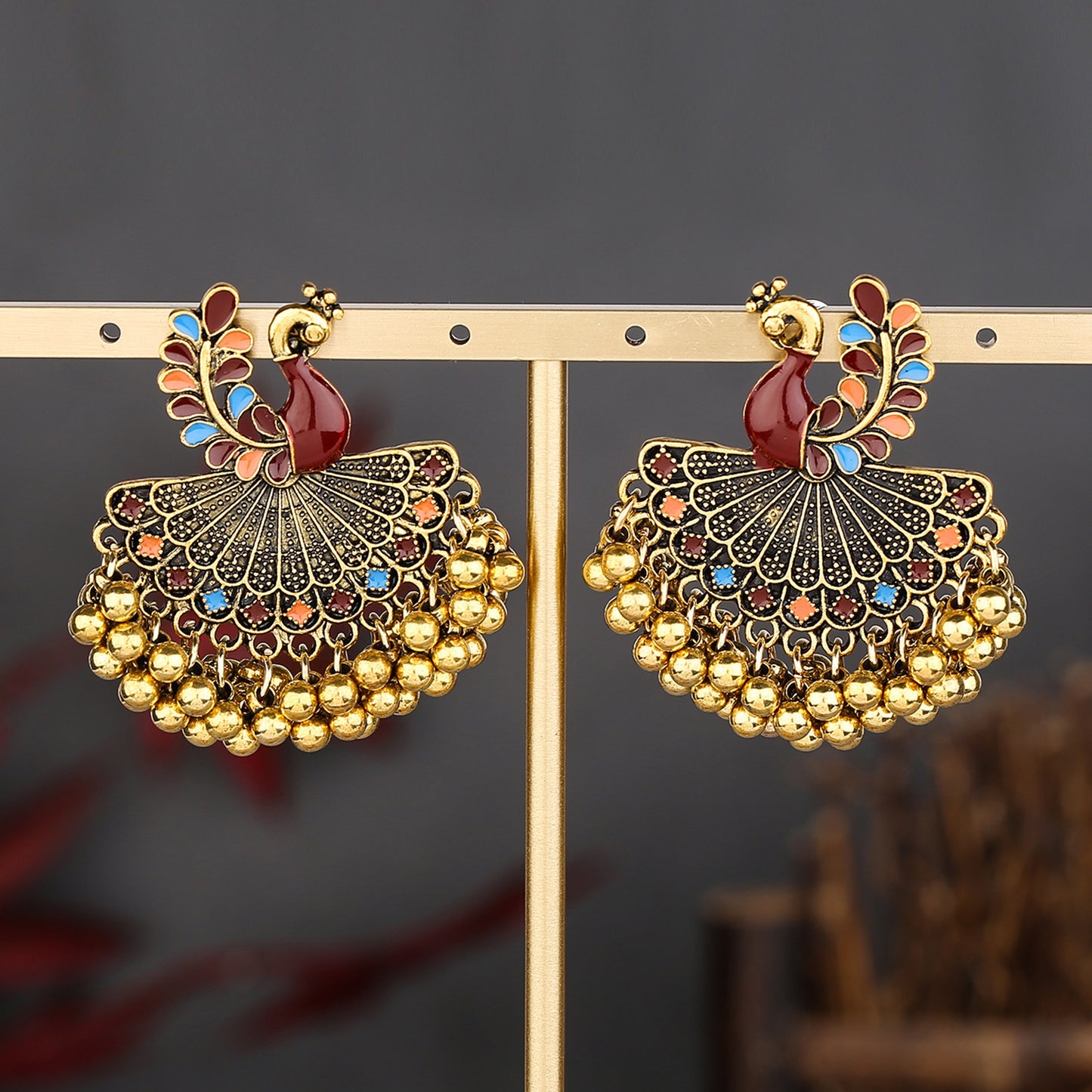 Indian Style Peacock Bell Dripping Oil Metal Alloy Ornament Earrings