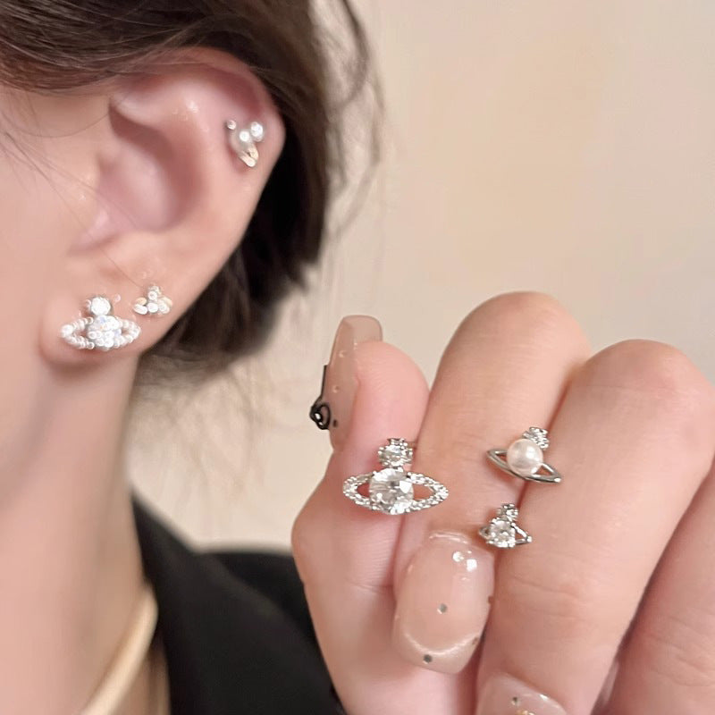 Inlaid Zircon Saturn Pearl Fashion Small Versatile High Sense Earrings