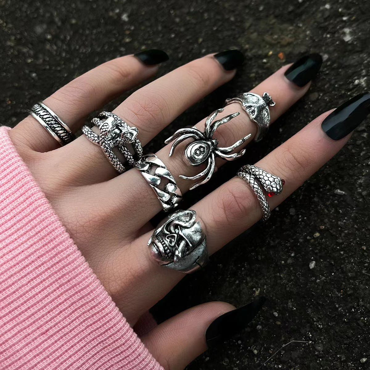 Creative Retro Dark Personality Spider Snake Bat Skull Double-headed Hip Rings