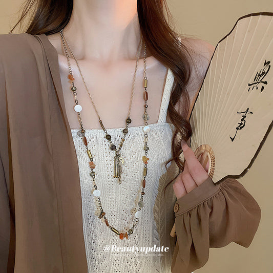 Women's Coin Tassel Beaded Retro Ethnic Style Gravel Long Necklaces