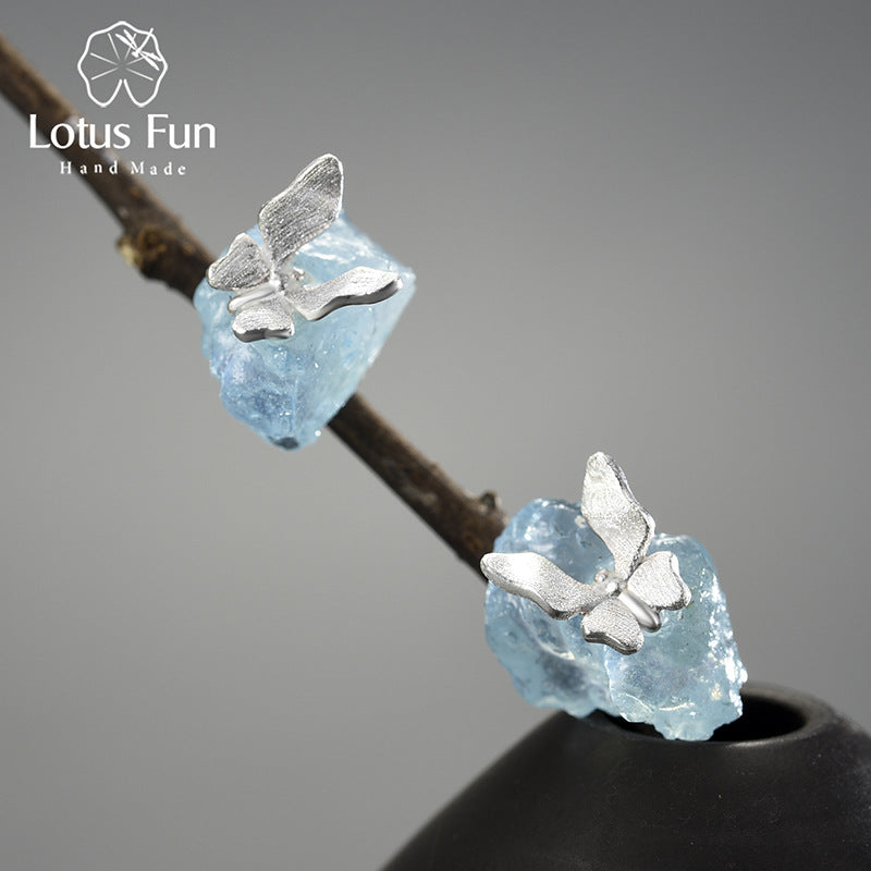 Natural Aquamarine Sterling Sier Butterfly Handmade Earrings