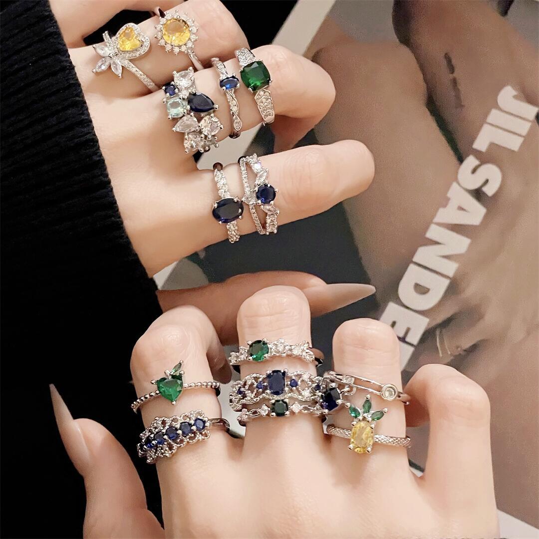 Women's Gems Open Light Luxury Emerald Zircon Flower Rings