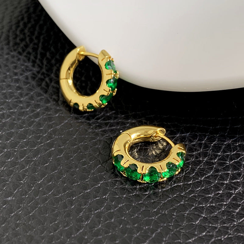 Women's Green Crystal Gold Vintage Circle Ear Clip Light Luxury Earrings