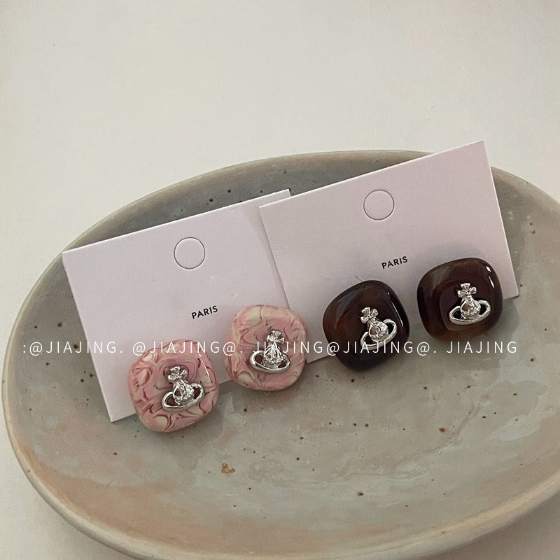 Light Luxury Saturn Drip Glazed High-grade Temperament Personality Sier Earrings