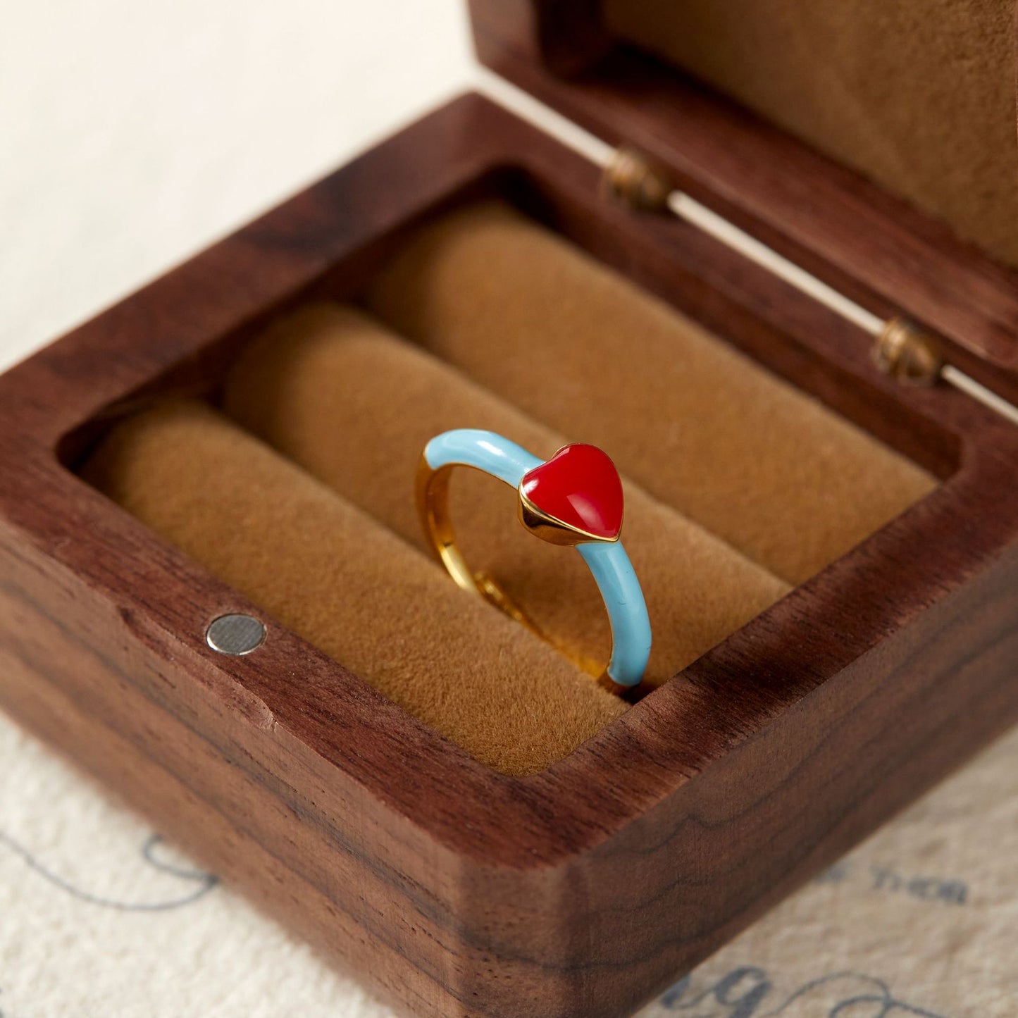 French Retro Blue Red Loving Heart Rings