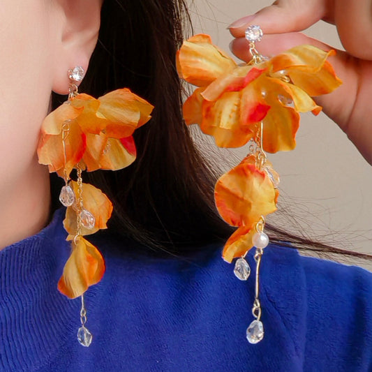 Style Western Blooming Orange Petals Beaded Fringed Zircon Earrings
