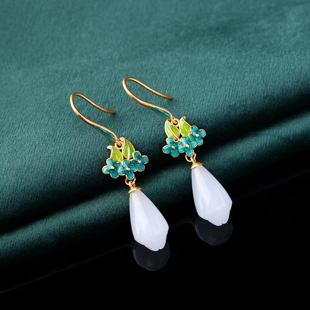 Imitation Jade Epoxy Magnolia National Style Earrings