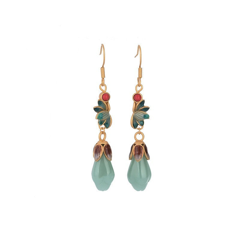 Imitation Jade Epoxy Magnolia National Style Earrings